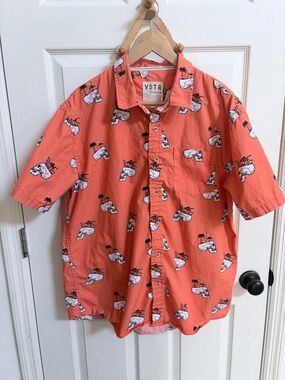 VSTR Orange Short-Sleeve skull Printed Button-Down Shirt, resortwear Size XXL